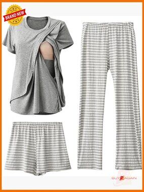 3 Piece Maternity Nursing Pajama Set Postpartum Breastfeeding Sleepwear